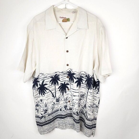 Caribbean Cream Linen Palm Tree Tropical Short Sleeve Button Down Shirt Mens XL - Picture 2 of 6